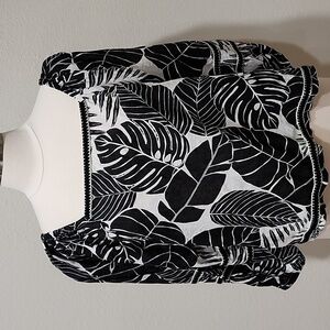 Cynthia Rowley Blouse Top Puff Sleeves Flax Linen Tropical Beach Hawaiian size L